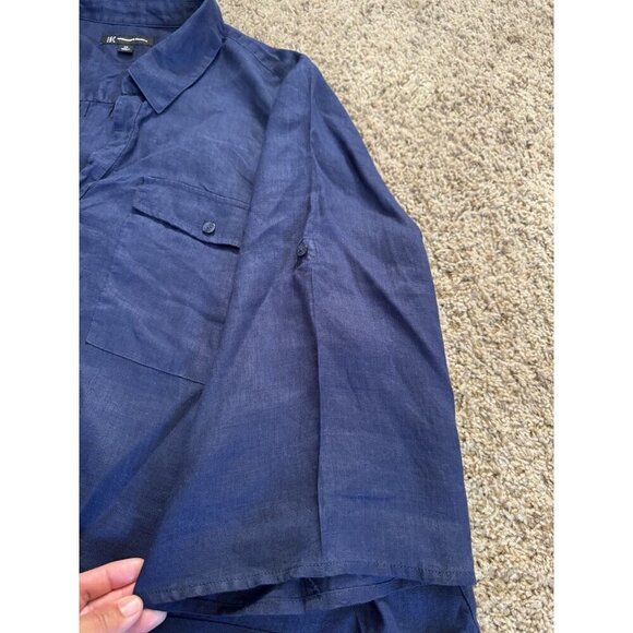 INC 100% Linen Blouse Top Navy Roll Tab Sleeves Front Knot Casual Minimalist 4X - Picture 8 of 8